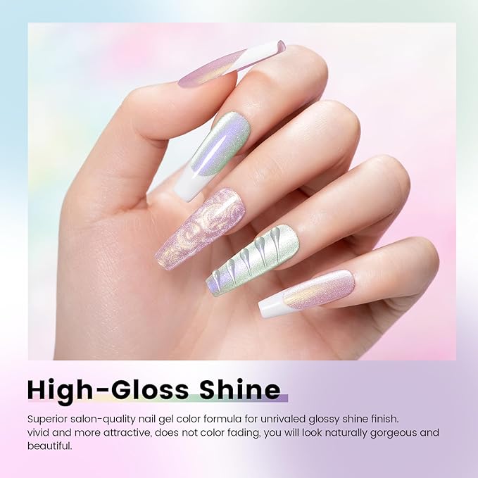 RARJSM Sparkle Diamond Pearl Cat Eye Gel Nail Polish Set 6pcs Velvet Silver Shimmer Pink Green Blue Purple White Glitter Mermaid Swirl Shell Thread Effect with Magnet Stick UV LED Curing Requires-VivaGrace Women