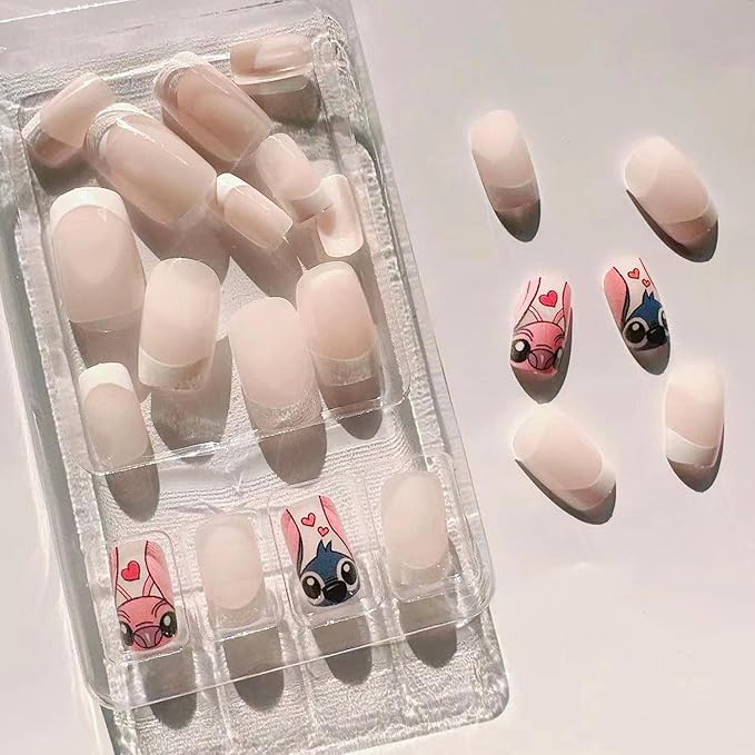 French Tip Press on Nails Short Square Cute Fake Nails with Cartoon Design French Nails Tips Full Cover Glossy Stick on False Nails for Women Party DIY Decor 24Pcs