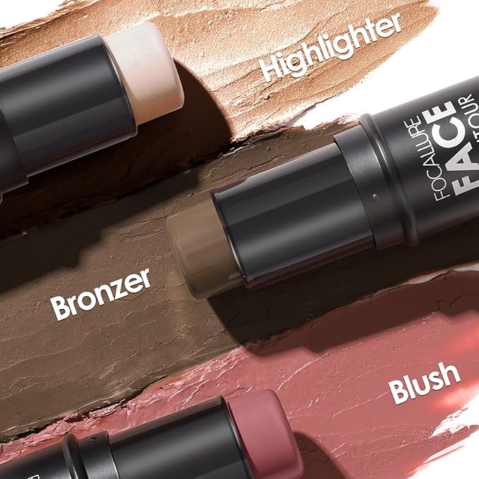 FOCALLURE 3 Pcs Cream Contour Sticks,Shades with Highlighter & Bronzer & Blush,Non-greasy Long-wear Face Contouring Pen,Easy to Sculpt the Face and Create a Lightweight Finishing Makeup,DEEP-VivaGrace Women