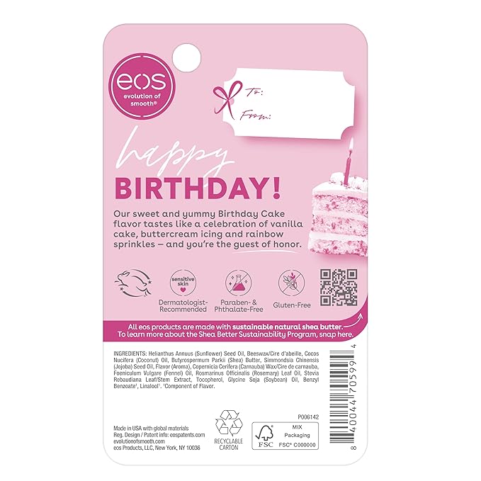 eos Natural Shea Lip Balm- Birthday Cake, All-Day Moisture Lip Care Products, 0.14 oz-VivaGrace Women