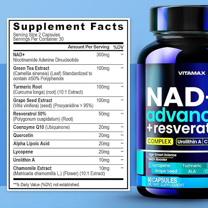 NAD Supplement Extra Strength - Liposomal + Resveratrol for Women & Men, CoQ10, Alpha Lipoic Acid, Green Tea, Quercetin, Urolithin A, Lycopene – High Purity Anti-Aging, Energy & Regeneration – 60ct-VivaGrace Women