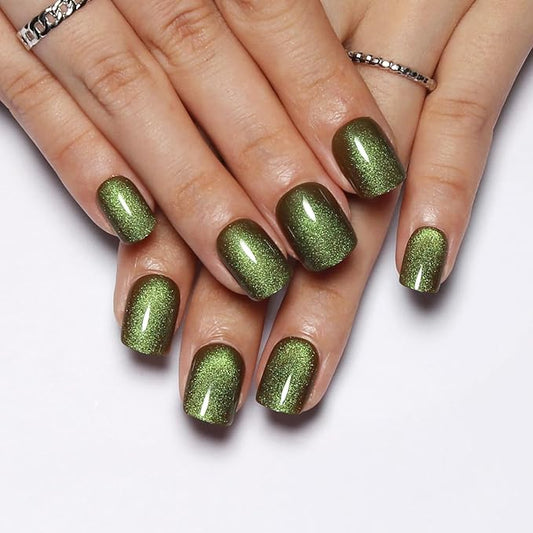 Crisp Green Press on Nails Short Square, Cat Eye Press on Nails, Fashion Gel Fake Nails, Reusable Acrylic Fake Nails, Glossy Stick on Nails, Thick Reusable Glue On Nails for Women, 24Pcs