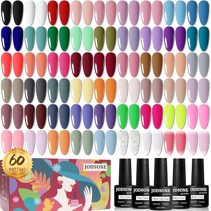 JODSONE 60 PCS Gel Nail Polish Set with 5 Bottles of Base and Glossy Matte Top Coat Soak off Gel Nail Set Suitable for All Seasons Gifts-VivaGrace Women