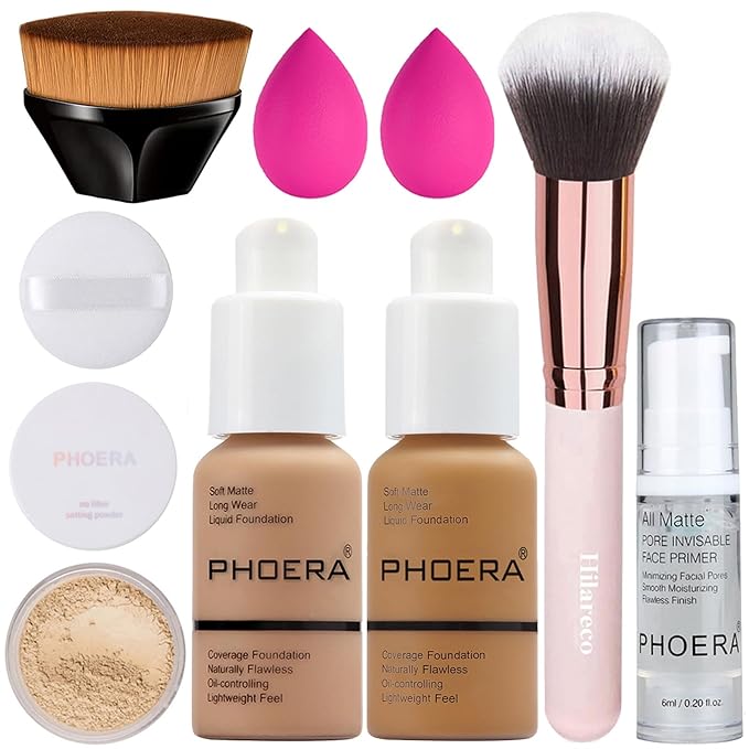 PHOERA Foundation, Full Coverage Foundation, PHOERA Primer, PHOERA Powder, PHOERA Makeup Set, Kabuki Makeup Brushes Foundation Brush Powder Brush,2 Pcs Makeup Sponge (105 Sand+111 Chestnut)-VivaGrace Women