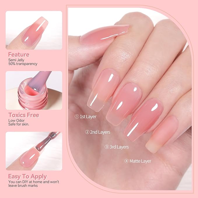 Born Pretty Jelly Pink Gel Nail Polish Nude Pink Sheer Translucent Gel Polish Milky Natural Gel Polish Set Nail Art Manicure DIY Kit Home Salon 6PCS-VivaGrace Women