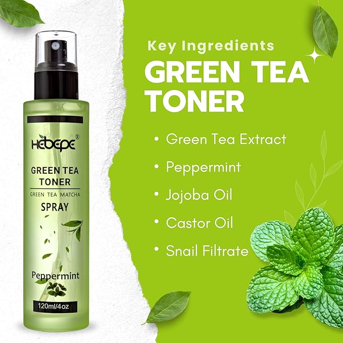 Green Tea Matcha Facial Toner Mist with Peppermint, Refreshing, Moisturizing, and Soothing Face Toner, with Jojoba Oil, Castor Oil, Snail Filtrate,120ml-VivaGrace Women