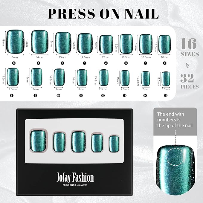Cat Eye Press on Nails Short, Jofay Fashion Soft Gel Fake Nails, Lake Blue Square Press on Nails, Reusable & Natural Acrylic False Nails, Stick on Nails for Women Gift, Glue on Nails Kit 32 Pcs