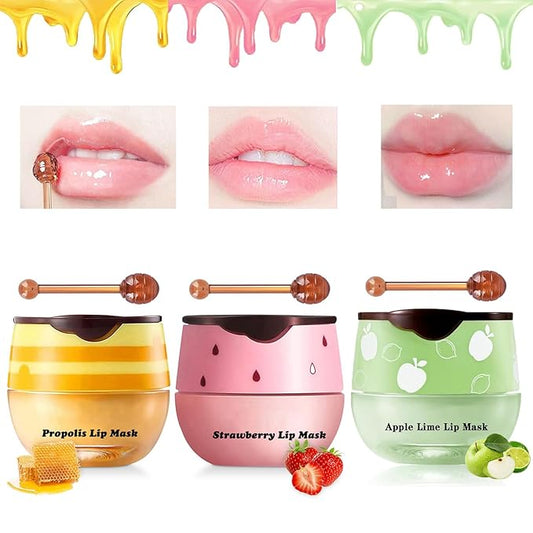3PCS Bee Lip Balm Honey Lip Balm,Exfoliating Honey Pot Lip Balm Sleeping Lip Mask with Brush, Hydrating & Prevention Dry and Cracked, Lip Scrubs Exfoliator & Moisturizer-VivaGrace Women