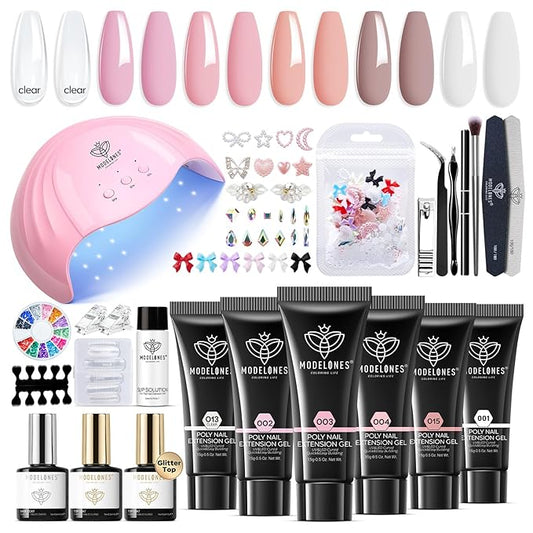 Modelones Poly Nail Gel Kit, 6 Colors Poly Extension Gel Clear Pink White with 48W U V/LED Lamp 3D Nail Charms Builder Slip Solution Complete Toe Manicure Supplies Tools for Starter-VivaGrace Women