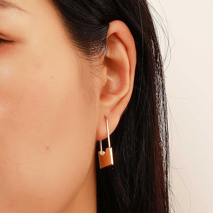 Boho Lock Hoop Earrings Safety Pin Hoop Earrings Gold Lock Huggies Hoop Earrings Personlized Padlock Earrings Jewelry for Women and Girls-VivaGrace Women