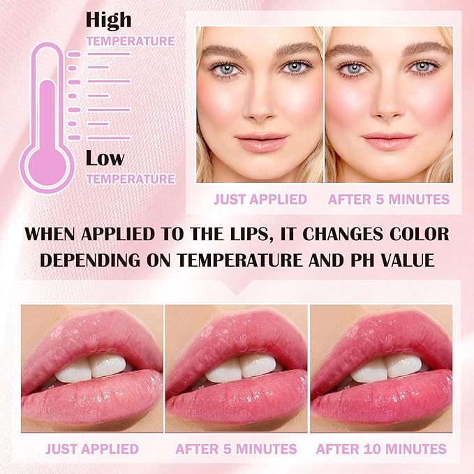Color Changing Blush,Glitter Color Changing Blusher for Cheeks,Waterproof Lightweight Ph Blush Glossy Makeup,Moisturizing Long Lasting Multi Use Shiny Cheek Face Blush Gel for Women-VivaGrace Women