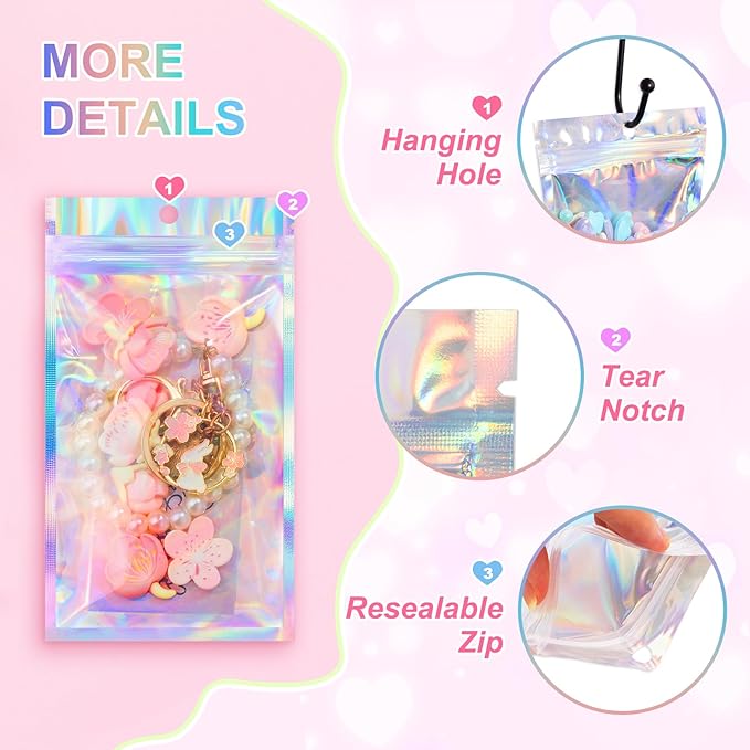 ANZNKU 100 Pack Mylar Bags Reasealable Holographic Bags, Smell Proof Bag Zipper Pouches with Clear Window, Jewelry Candy Sealable Bag for Packaging Sample Party Favor (4.7 x 7.9 Inch)-VivaGrace Women