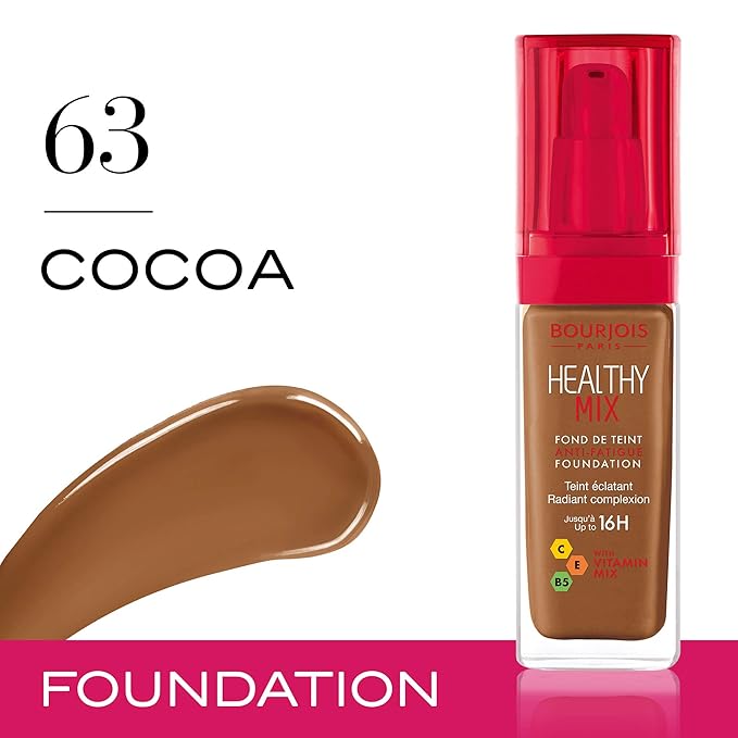 Bourjois Healthy Mix Anti-Fatigue Medium coverage Liquid Foundation 63 Cocoa, 30ml-VivaGrace Women