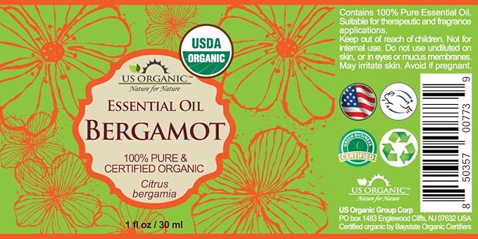 US Organic 100% Pure Bergamot Essential Oil, USDA Certified Organic, Cold Pressed, with Euro droppers (More Size Variations Available) (30 ml / 1 fl oz)-VivaGrace Women