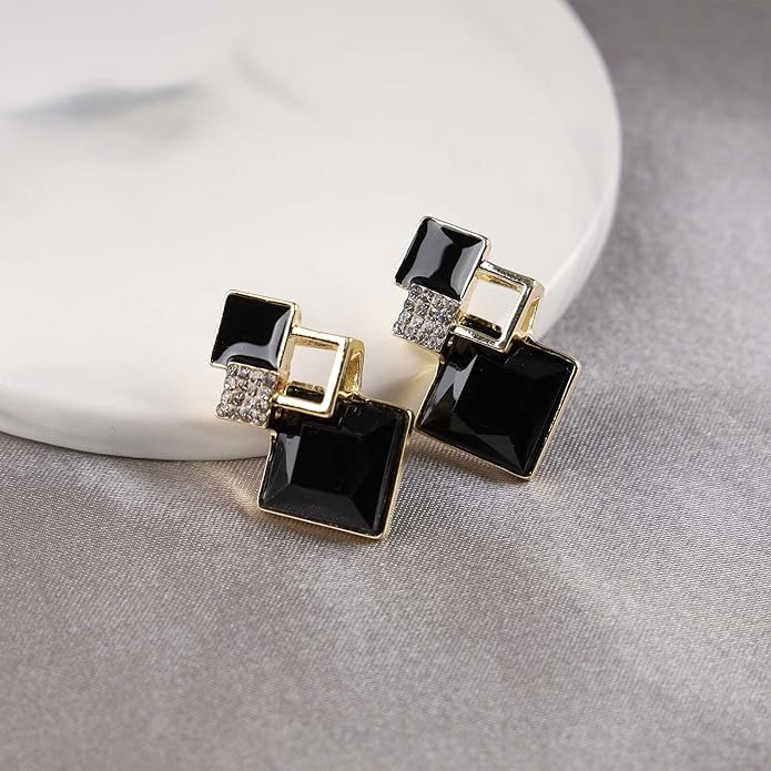 Vintage Crystal Square Drop Earrings Black Square Stud Earrings Gold Hollow Square Dangle Earrings Black Onyx Square Earrings Jewelry for Women-VivaGrace Women