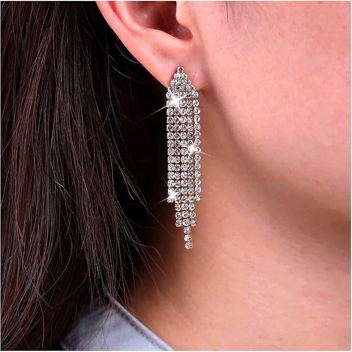 Vintage Rhinestone Chandelier Tassel Earrings Crystal Chain Drop Earrings Gold Long Tennis Chain Earrings Shine Chandelier Bridal Earrings Jewelry for Women-VivaGrace Women