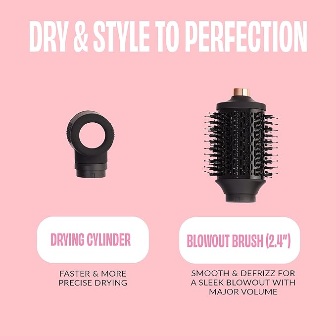 FoxyBae Super Styler Pro Interchangeable 5 in 1 Hair Styler Wand Curling Iron Set - w/Drying Cylinder, Ceramic Blowout & Round Brushes, 2 Auto-Wrap Curlers - Frizz-Free, Smooth Hair [Black Rose-Gold]-VivaGrace Women
