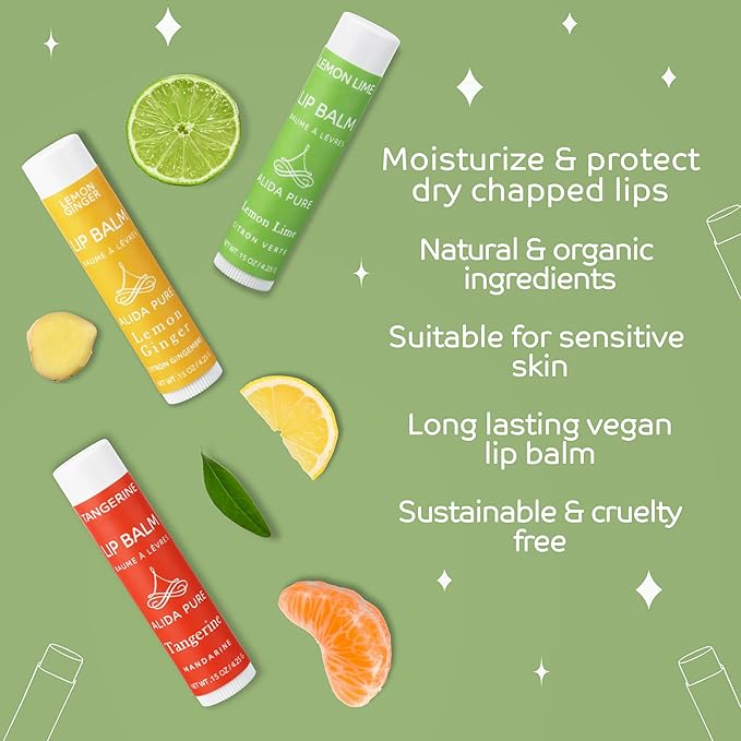 Citrus Lip Balm Collection, Vegan Lip Balm Set, Bees Wax Free, Coconut Oil Free, Avocado Oil, Organic Jojoba Oil, Vitamin E, Natural Moisturizer For Dry Cracked Lips, 3 Tube Set-VivaGrace Women
