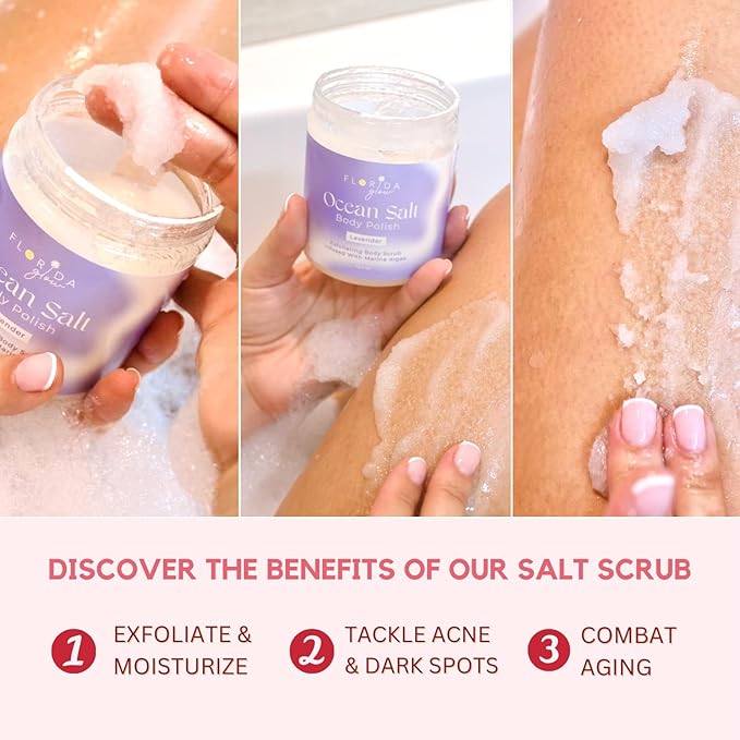 Sea Salt Body Scrub by Florida Suncare - Ocean Salt Body Polish Infused with Marine Algae - Exfoliating Face and Body Scrub - Facial Scrub Exfoliator to Tackle Acne (Grapefruit, 3.3 oz)-VivaGrace Women
