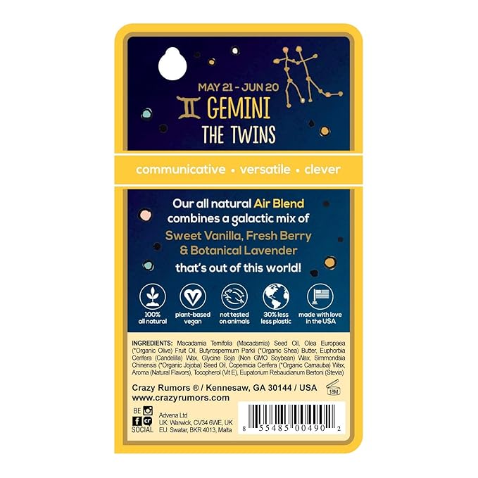 Crazy Rumors Gemini Zodiac All Natural, Plant Based Lip Balm to Moisturize and Nourish your Lips - Air Blend (Vanilla Cream, Fresh Berry and Botanical Lavender)-VivaGrace Women