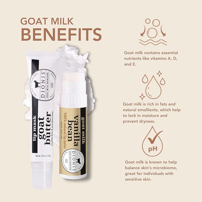 Dionis Goat Butter Overnight Lip Mask & Lip Balm Kit - Goat Milk, Jojoba & Moringa Oils Moisturize & Repair Chapped Lips Overnight while Lip Balm Keeps Moisture Locked In All Day, Vanilla Bean-VivaGrace Women