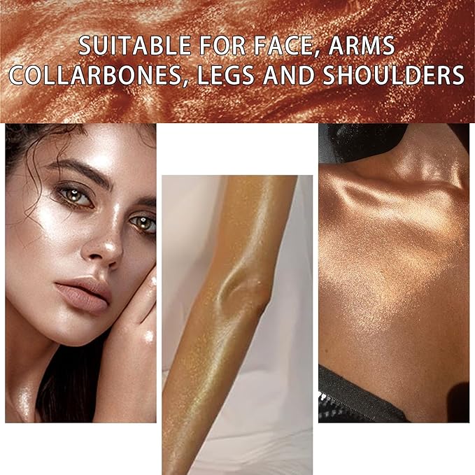 Shimmer Body Oil, Face and Body Liquid Luminizer Waterproof Moisturizing, Light Shimmer Glow Illuminator, Smooth Body Highlighter Makeup Liquid Body Shimmer (3# Bronze Gold)-VivaGrace Women