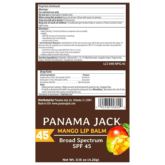 Panama Jack Sunscreen Lip Balm - SPF 45, Broad Spectrum UVA-UVB Sunscreen Protection, Prevents & Soothes Dry, Chapped Lips, Mango, 2-pack-VivaGrace Women