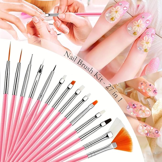 Nail Art Tools 27Pcs Set,Nail Art Brush,Resin Nail Art Palette,5 Pcs Nail Art Sculpture Pen,2-way Acrylic Silicone Engraving Pen Dotting Pen Tools Nail Art Kit for Nail Art DIY-VivaGrace Women