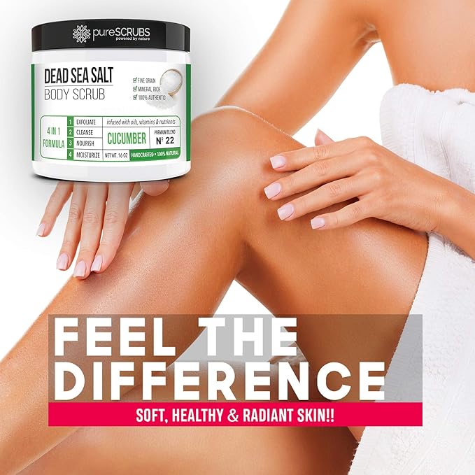 pureSCRUBS Premium Cucumber Body Scrub Set - Large 16oz Dead Sea Salt Body Scrub for Women Exfoliation KP Bump Eraser Body Scrub Includes Wooden Spoon, Loofah & Soap-VivaGrace Women