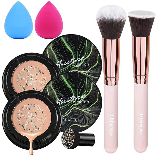 2 PCS Mushroom Head Air Cushion CC Cream Nature Foundation,Foundation Brush Powder Brush,Moisturizing Concealer, Bright Makeup Base Long Lasting with Mushroom Makeup Sponge(#05 Sand)-VivaGrace Women