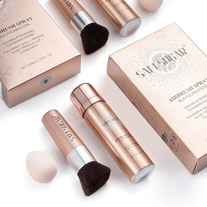 AirBrush Foundation Spray Set, Spray Foundation Makeup and Hydrating Face Primer Kit, Longwear Waterproof Liquid Matte Foundation Mist for Flawless Look, Brush and Sponge Include (#4 Warm Beige)-VivaGrace Women