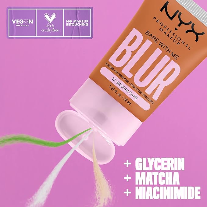 NYX PROFESSIONAL MAKEUP Bare With Me Blur Skin Tint Foundation Make Up with Matcha, Glycerin & Niacinamide - Medium Dark-VivaGrace Women