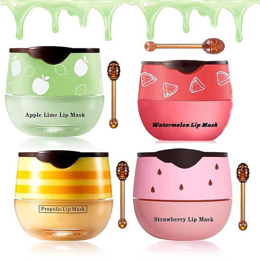 Bee Lip Balm Honey Pot, Honey & Strawberry & Watermelon&Lime Lip Mask Overnight Moisturizing Lip Sleep Mask with Stick Hydrating & Prevention Dry and Cracked Lip Scrubs Exfoliator-VivaGrace Women