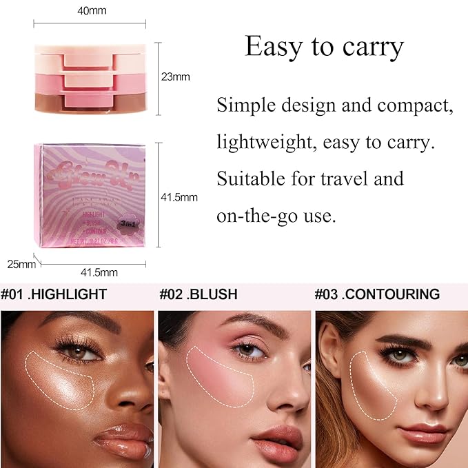 3-in-1 Blendable Trio, Contour and Highlight Blush Makeup Palette, Cream Bronzer, Silky Smooth Powder Blush, Shimmer Highlighter Makeup Powder, Pink Brown Eyeshadow Palette with Mirror(03)-VivaGrace Women