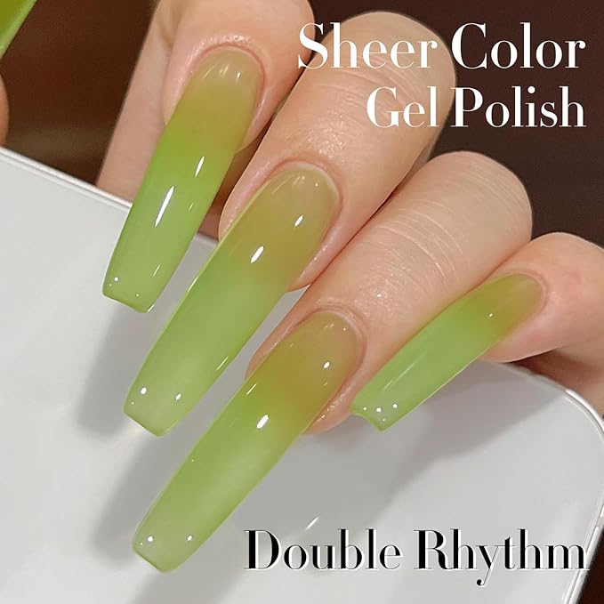 Double Rhythm Translucent Gel Polish Sheer Neutral Natural Light Milky Same Color Same Bottle 15ML Jelly Nail Polish Nail Art DIY at Home (Green-A1408)-VivaGrace Women