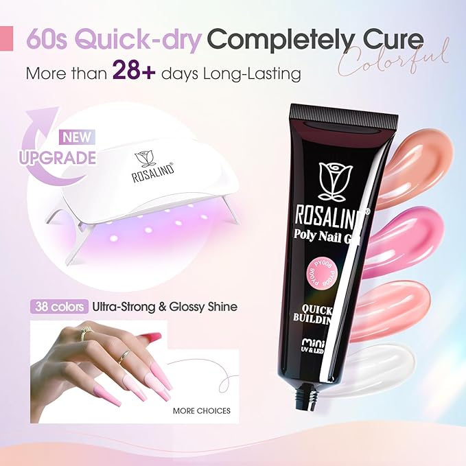 ROSALIND 38PCS Poly Nail Gel Kit with Mini Nail Lamp Neon Blue Poly Extension Gels Kit Hot Pink Nude Poly Nails Set-VivaGrace Women