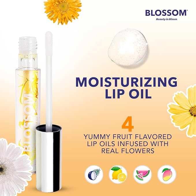 Blossom Moisturizing and Hydrating Shimmer Sparkle Lip Oil with Olive Oil + Grape Seed Oil, Infused with Real Flowers, 3g, Mango-VivaGrace Women