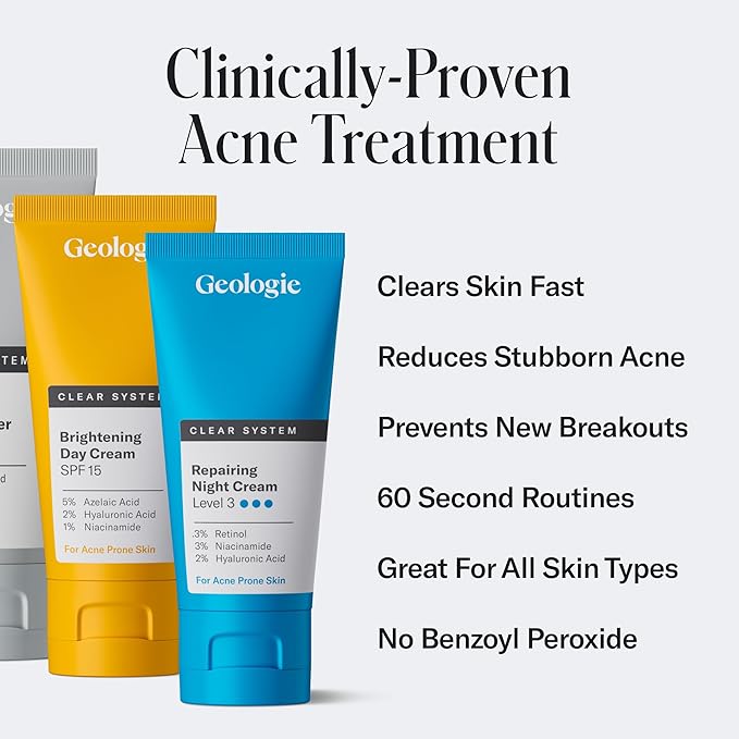 Geologie Clear System | 3-Step Acne Treatment & Skincare Set | Clears Skin Fast | Acne Gel Cleanser, SPF15 Day Cream & Retinol Face Cream For Men & Women | Month 1 / Level 1-VivaGrace Women