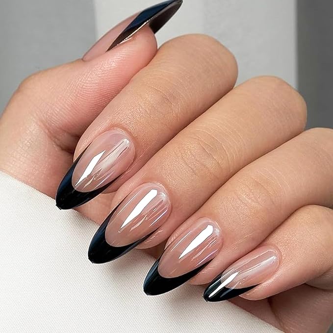 Medium Fake Nails Almond Press on Nails with Chrome Designs French Tip Glue on Nails Black Glossy False Nails for Women and Girls
