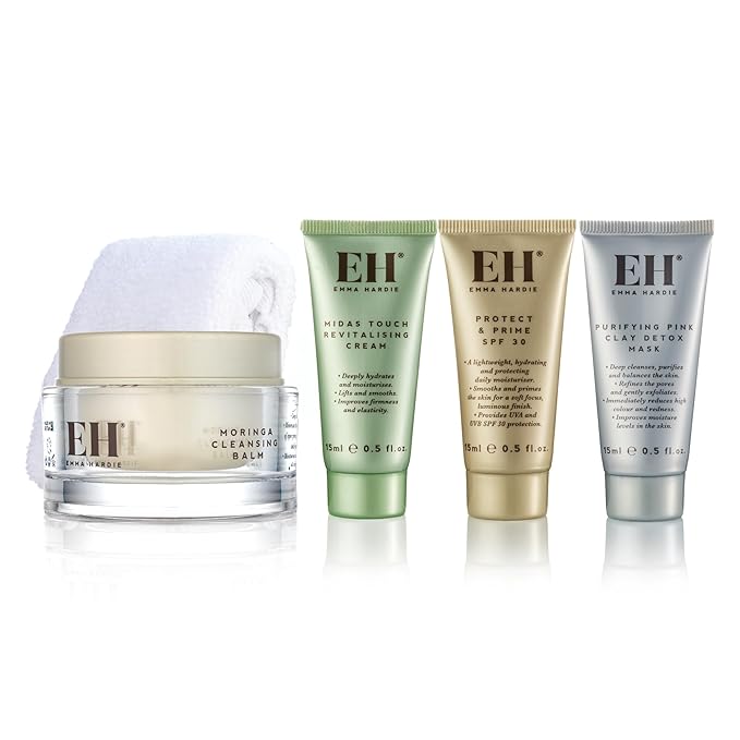 Emma Hardie Cleanse, Hydrate & Protect Gift Set: 30ml Moringa Cleansing Balm, 30ml Midas Touch Revitalising Cream & 15ml Protect & Prime SPF30 Sunscreen Face Moisturiser, Natural & Cruelty Free-VivaGrace Women