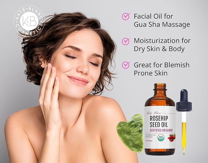 Kate Blanc Cosmetics Rosehip Oil for Face with Jade Gua Sha Stone (1oz, Organic, Pure, Cold Pressed) Rosehip Seed Face Oil for Gua Sha Massage-VivaGrace Women