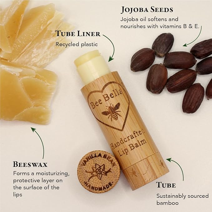 Bee Bella Lip Balm, Vanilla Bean, 3 Pack - Hydrating, Moisturizing Lip Care, 100% Natural, Original Organic Beeswax with Vitamin E, Handmade in USA-VivaGrace Women