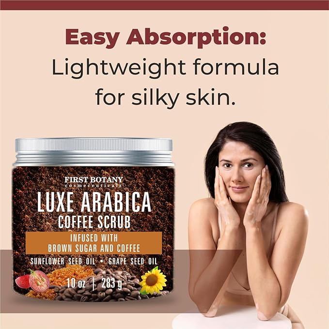 First Botany Body Scrub - Natural Exfoliating Sugar Scrub & Body and Face Souffle helps with Moisturizing Skin, Acne, Cellulite, Dead Skin Scars, Wrinkles (10 fl oz, Brown Sugar + Coffee)-VivaGrace Women