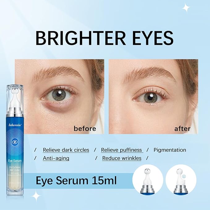 5% Caffeine Eye Serum with 360° Eye Massage Roller Eye Serum for Dark Circles & Relieve Puffiness, Reduce Wrinkles and Fine Lines, Eye Bags, Tighten Lifting Brightening Under Eye Cream-0.5 OZ-VivaGrace Women