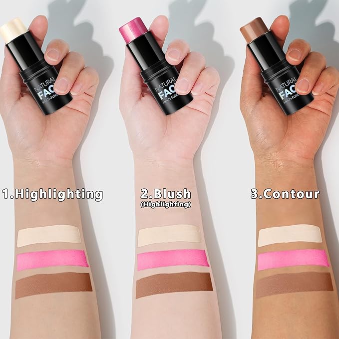 3Pcs Cream Contour Stick Makeup Kit, Shades with Highlighter Stick, Blush Stick and Bronzer Contour Stick for Sculpt the Cheeks, Long Lasting, Waterproof, Matte & Dewy Finish (LIGHT)-VivaGrace Women