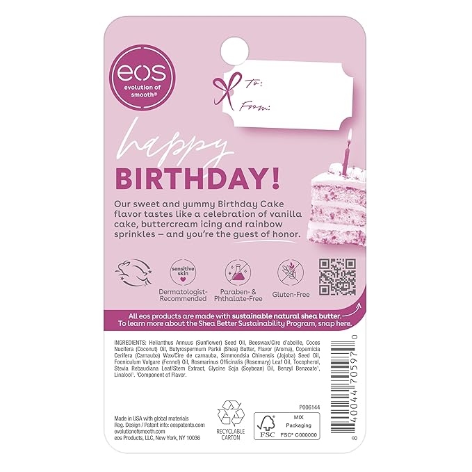 eos Natural Shea Lip Balm- Birthday Cake, All-Day Moisture Lip Care Products, 0.25 oz-VivaGrace Women