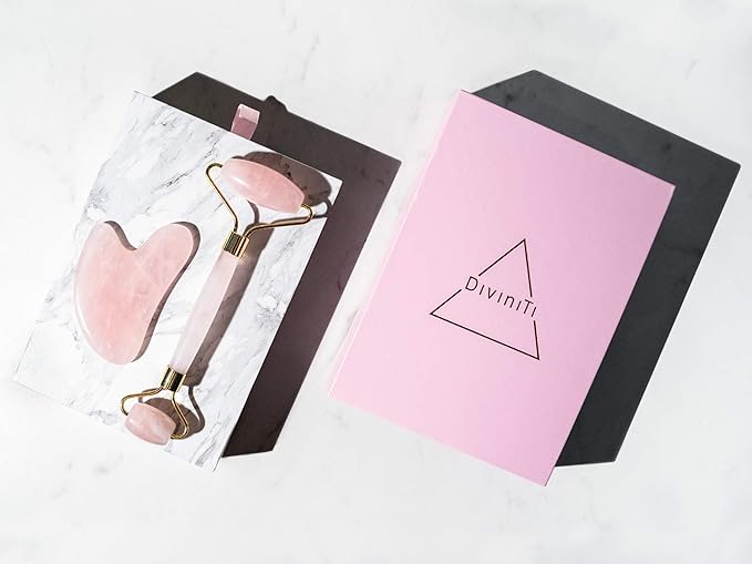 Rose Quartz Face Roller and Gua Sha Set - Face Roller Skin Care - Jade Roller and Gua Sha and Jade Roller for Face Rollers for Women Gifts - Rose Quartz Roller for Face Massage Roller DiviniTi-VivaGrace Women