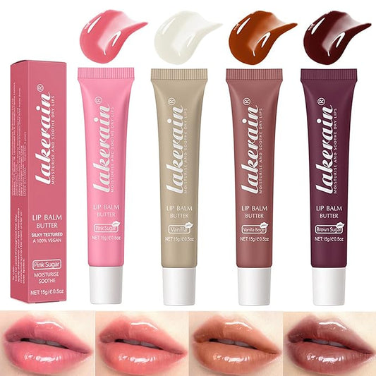 4 Color Glossy Lip Butter Balm, Moisturizing Lip Gloss Butter Non Sticky High Shiny Finish Lip Glow Oil, Natural Plumping Lip Tint Lip Care & Repair Lip Mask for Soft & Smooth & Protect Dry Lip-VivaGrace Women