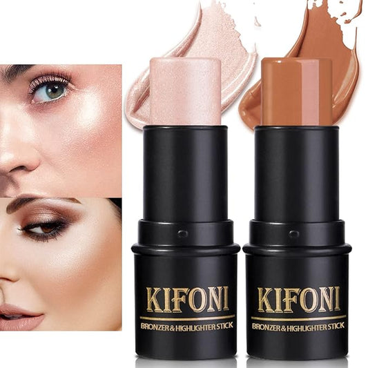 2 Pcs Cream Contour Stick Makeup Kit, Cream Highlighter Stick & Contour Bronzer Stick for Cheeks, Lightweight Blendable Smooth -Highlighter & Bronzer (#04 Light Rose Gold #07 Coffee)-VivaGrace Women