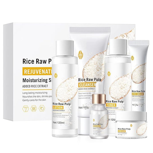 Rice Deep Nourishing Facial Care Set, 6Pcs Face Care Set for Women, Skin Care Set Includes Facial Cleanser, Toner, Lotion, Essence, Cream and Eye Cream.-VivaGrace Women